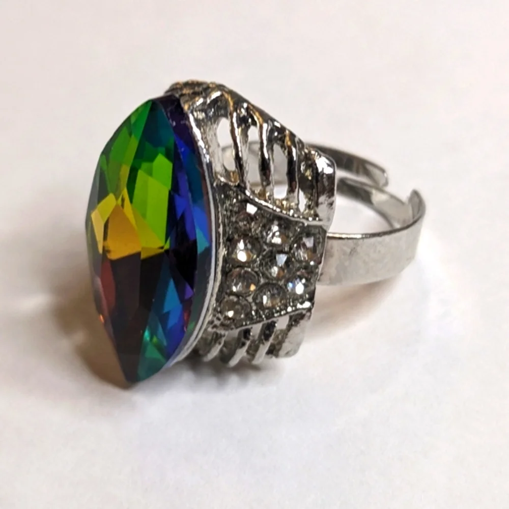 Vintage Adjustable Silver Tone AB‎ Crystal Cocktail Ring